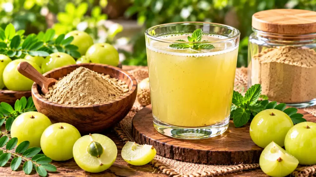 Amla powder for drinking prepared in a glass