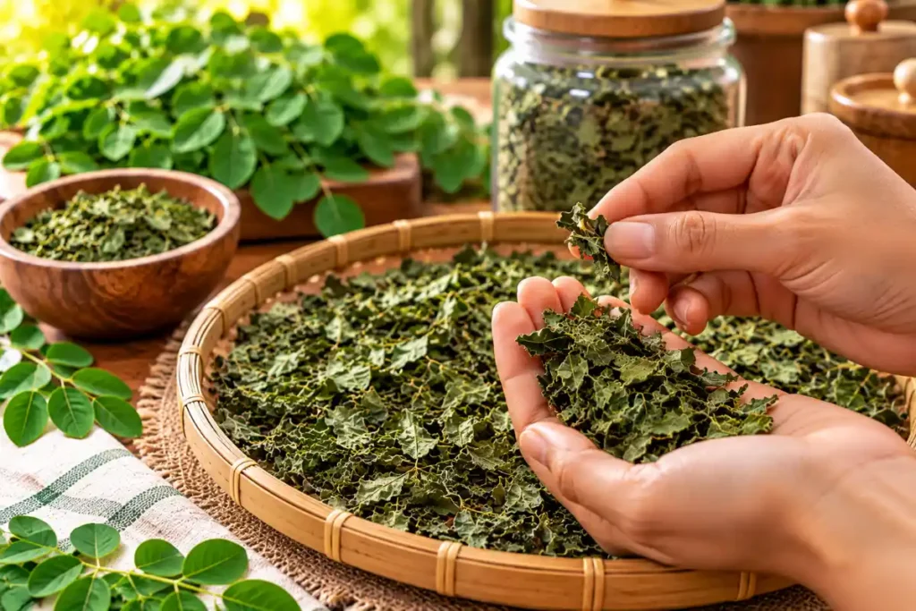 Checking dried moringa leaves to make sure they are completely dry
