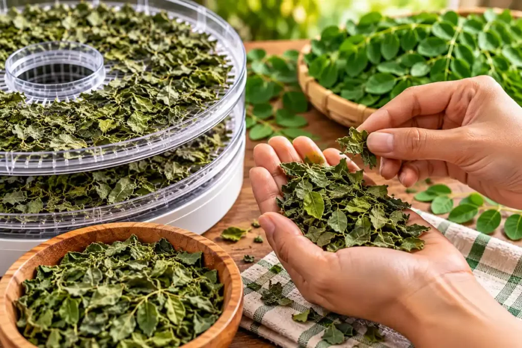 Checking dried moringa leaves before grinding them into powder