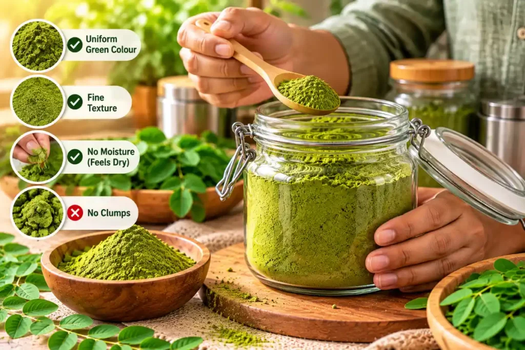 How to Store Moringa Powder: Keep It Dry & Fresh 4 Checking stored moringa powder for moisture and quality