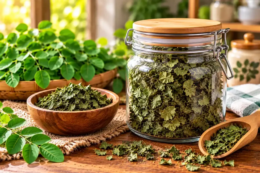 Dried moringa leaves stored in an airtight container at home