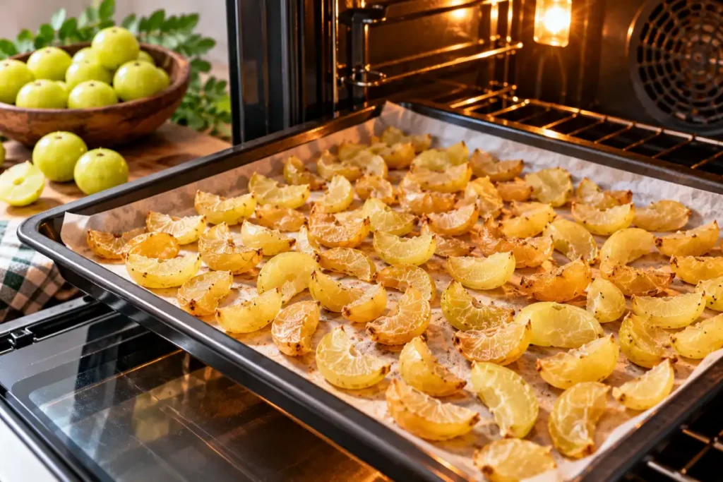 How to Dry Amla at Home: Easy Methods, Tips & Storage 3 Amla pieces drying in an oven at home