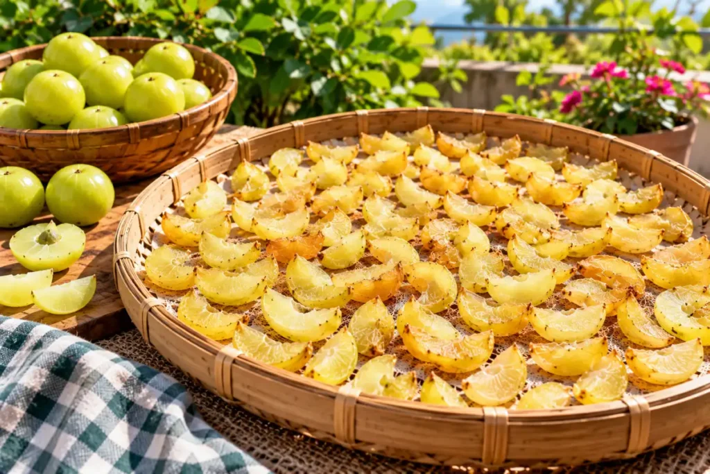 How to Dry Amla at Home: Easy Methods, Tips & Storage 4 Amla pieces drying in sunlight at home
