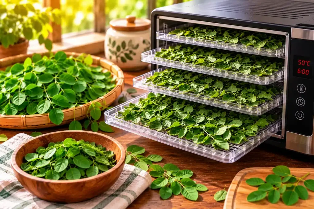 Moringa leaves drying in a dehydrator at home