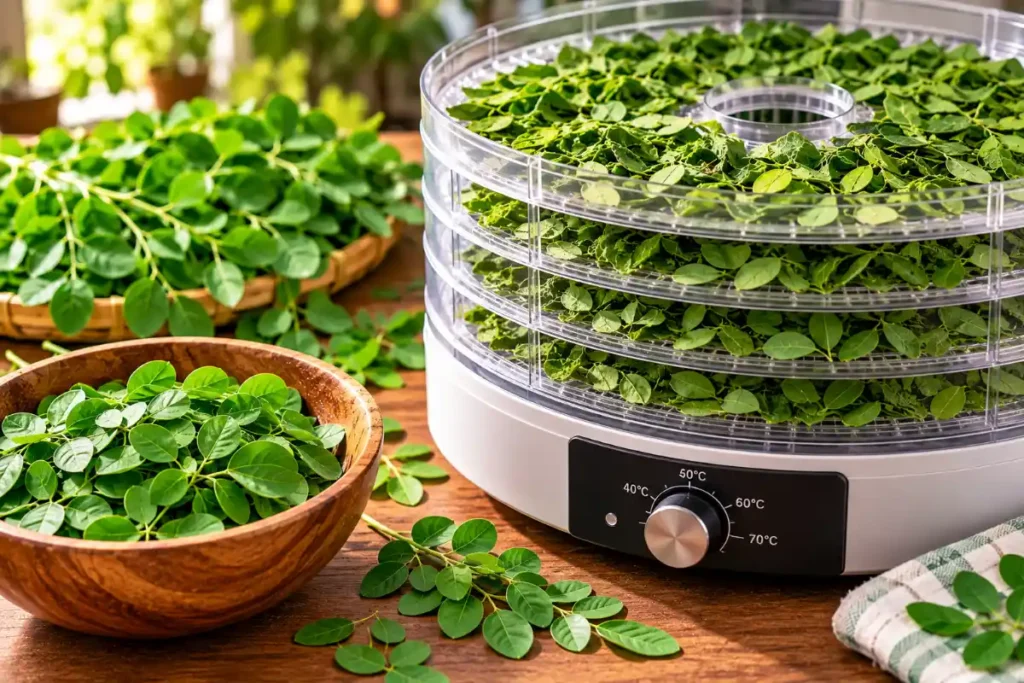 Moringa leaves drying in a dehydrator for homemade powder