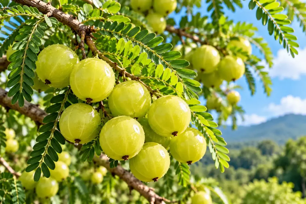 Amla Fruit (Indian Gooseberry): Complete Guide to Origin, Nutrition, Varieties, Uses & More 2 Fresh Indian gooseberry fruits on an amla tree