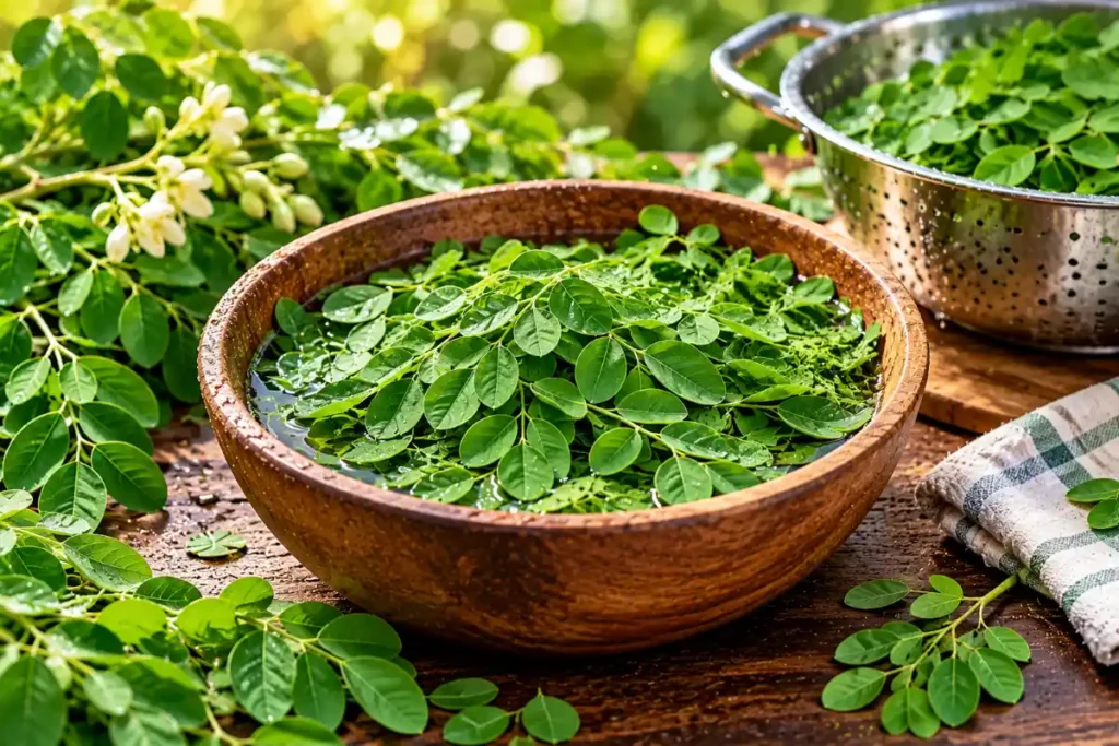 Fresh moringa leaves prepared to make moringa powder