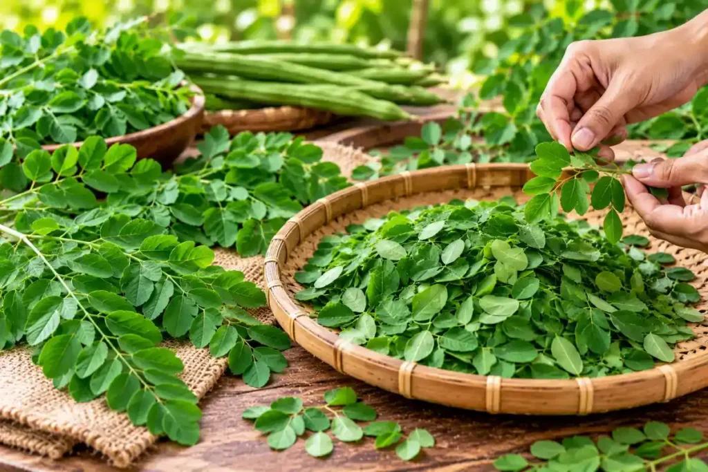 Fresh moringa leaves used to make moringa powder
