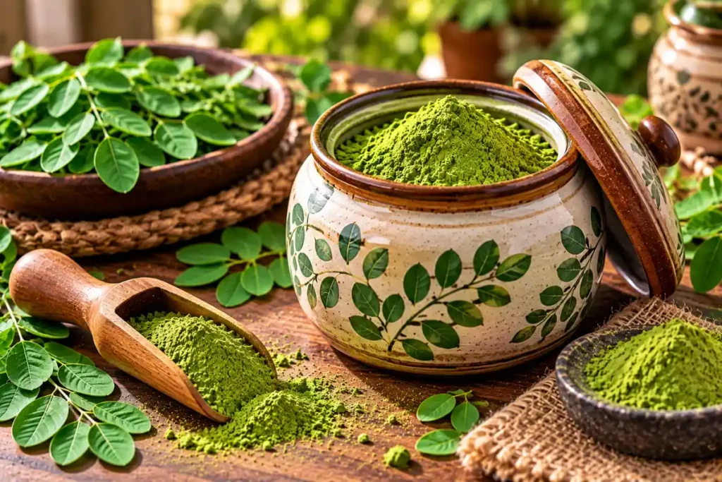 Homemade moringa powder stored in an airtight container