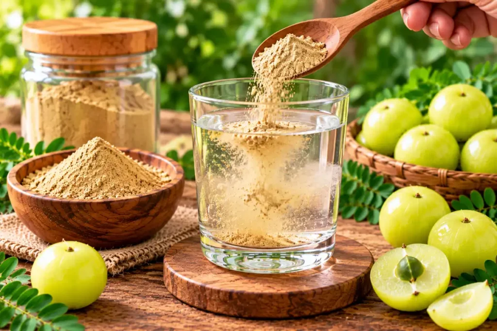 Amla Powder for Drinking: How to Use It & Prepare Simple Drinks 2 Mixing amla powder with water for a homemade drink
