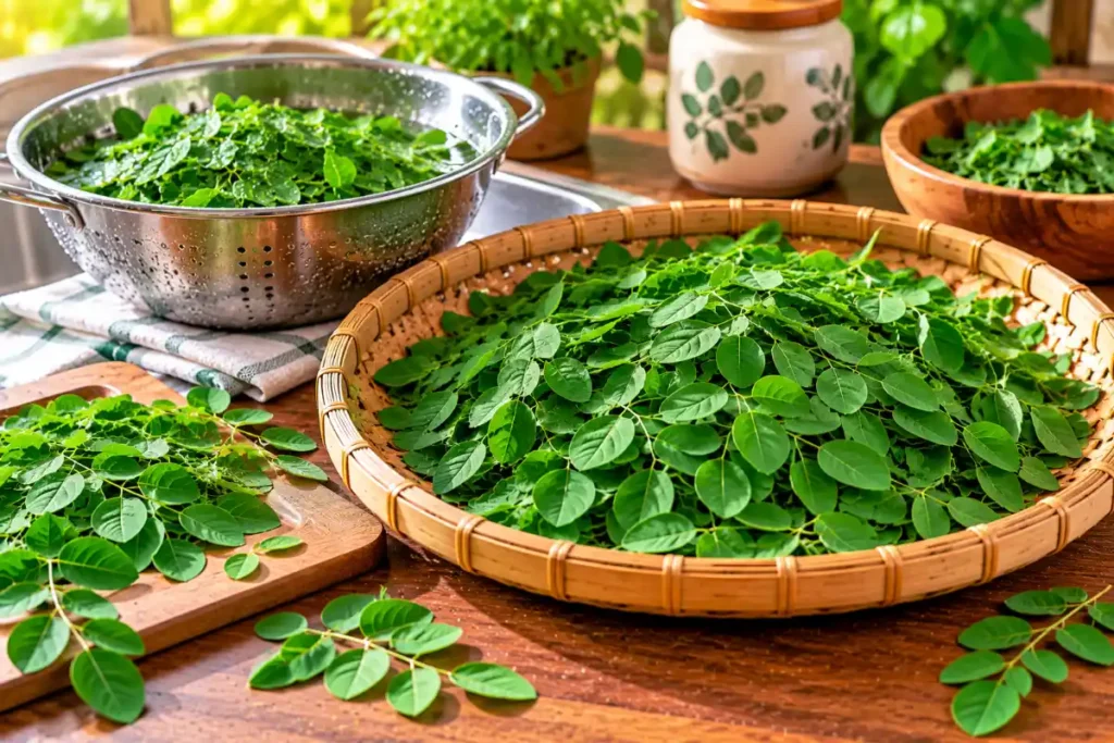 Fresh moringa leaves prepared for drying at home