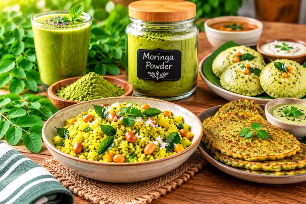 Moringa Powder Recipes: Easy Indian Ways to Use It 3 Breakfast recipes made with moringa powder including poha and savory dishes