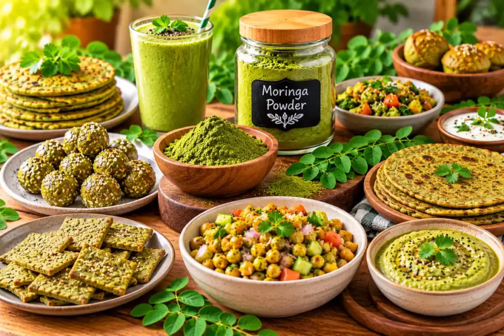 Moringa Powder Recipes: Easy Indian Ways to Use It 4 Different homemade foods and snacks seasoned with moringa powder