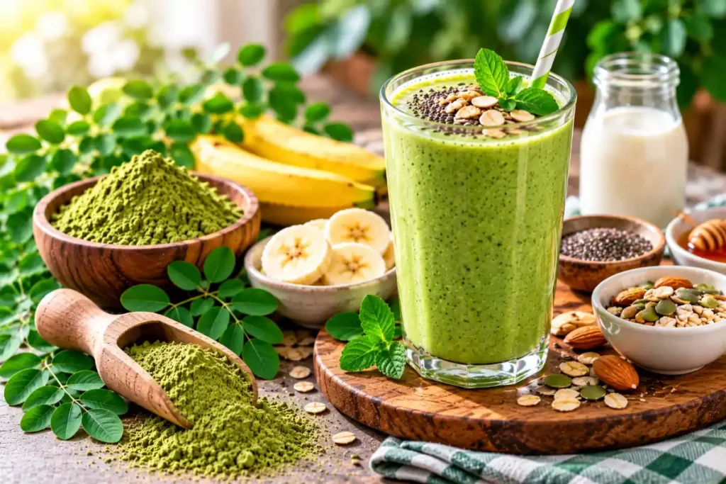 Moringa powder smoothie made with fruit and yogurt