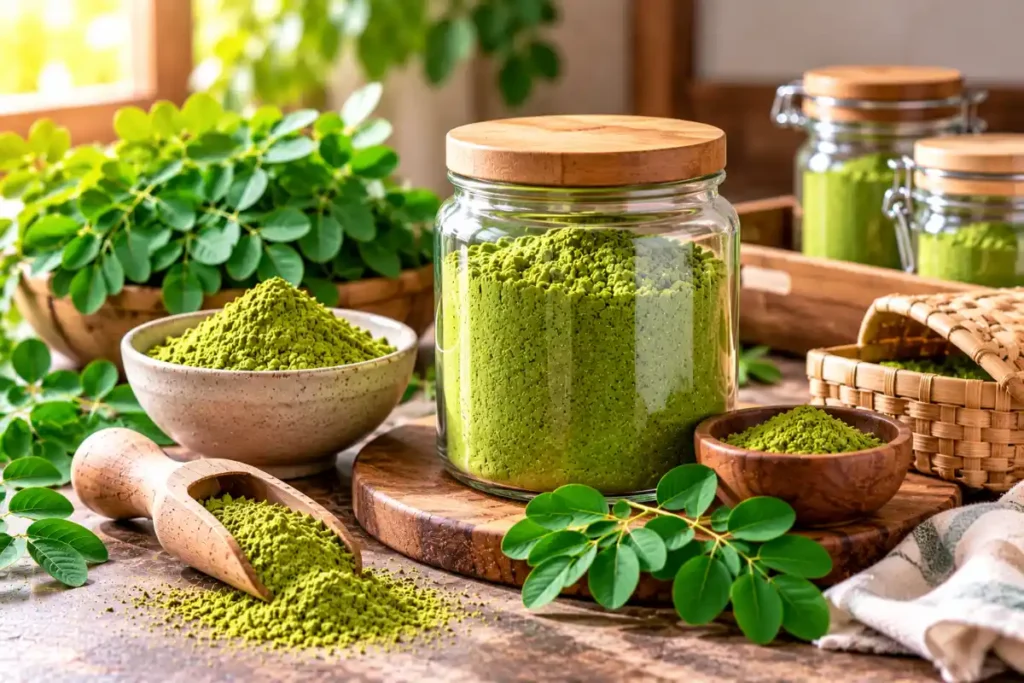 Moringa powder stored in an airtight container at home