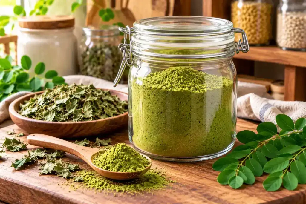 Moringa powder stored in an airtight container at home